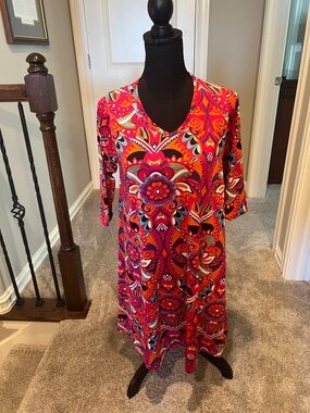 Bold Pink Floral-Print V-Neck Midi Dress